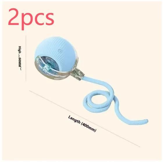 Electric cat toy automatic rolling ball in blue with rope attachment, on wooden floor