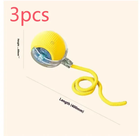Electric cat toy automatic rolling ball in blue with rope attachment, on wooden floor