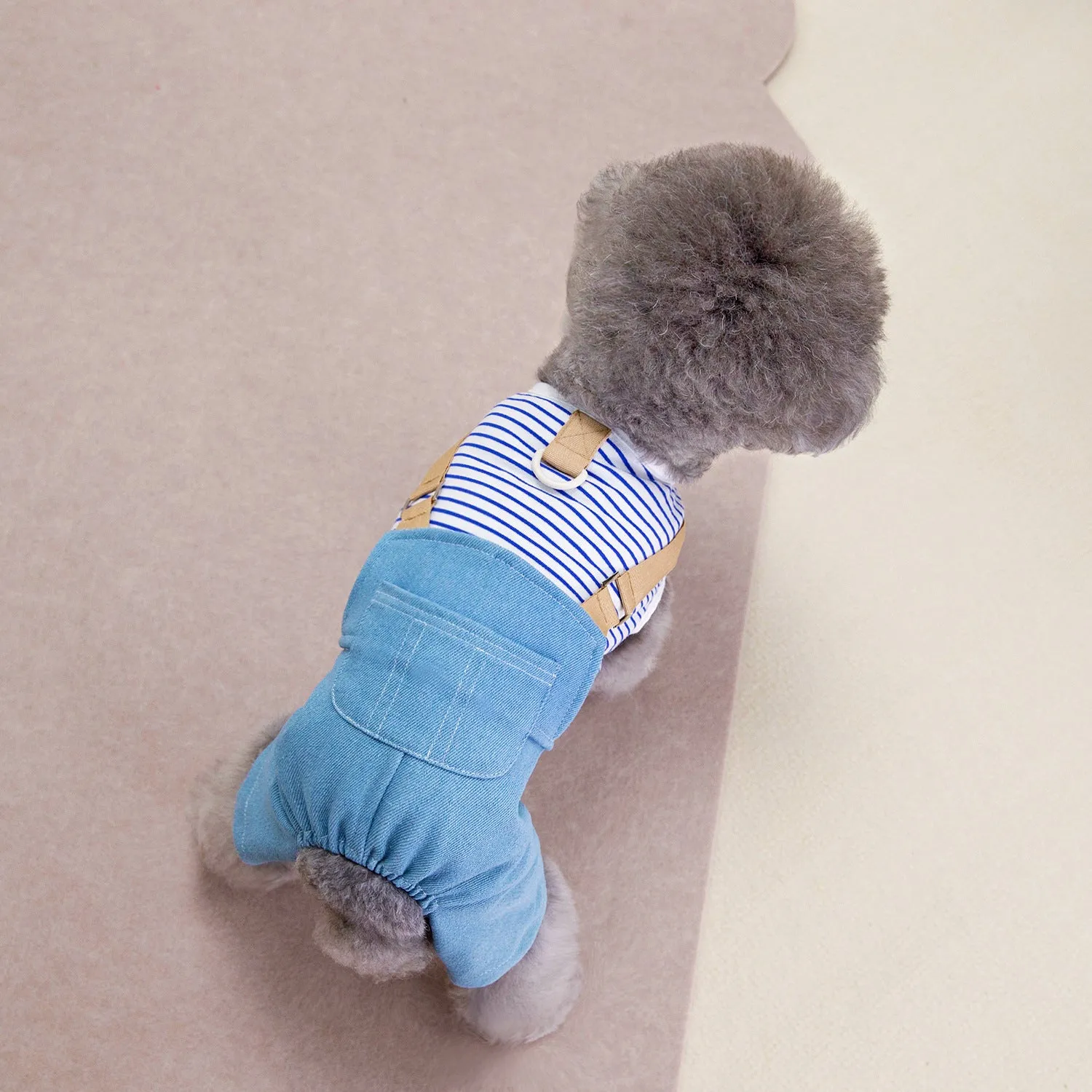 Fashion pet dog denim four pants in blue stripes for male dogs, polyester material, size M
