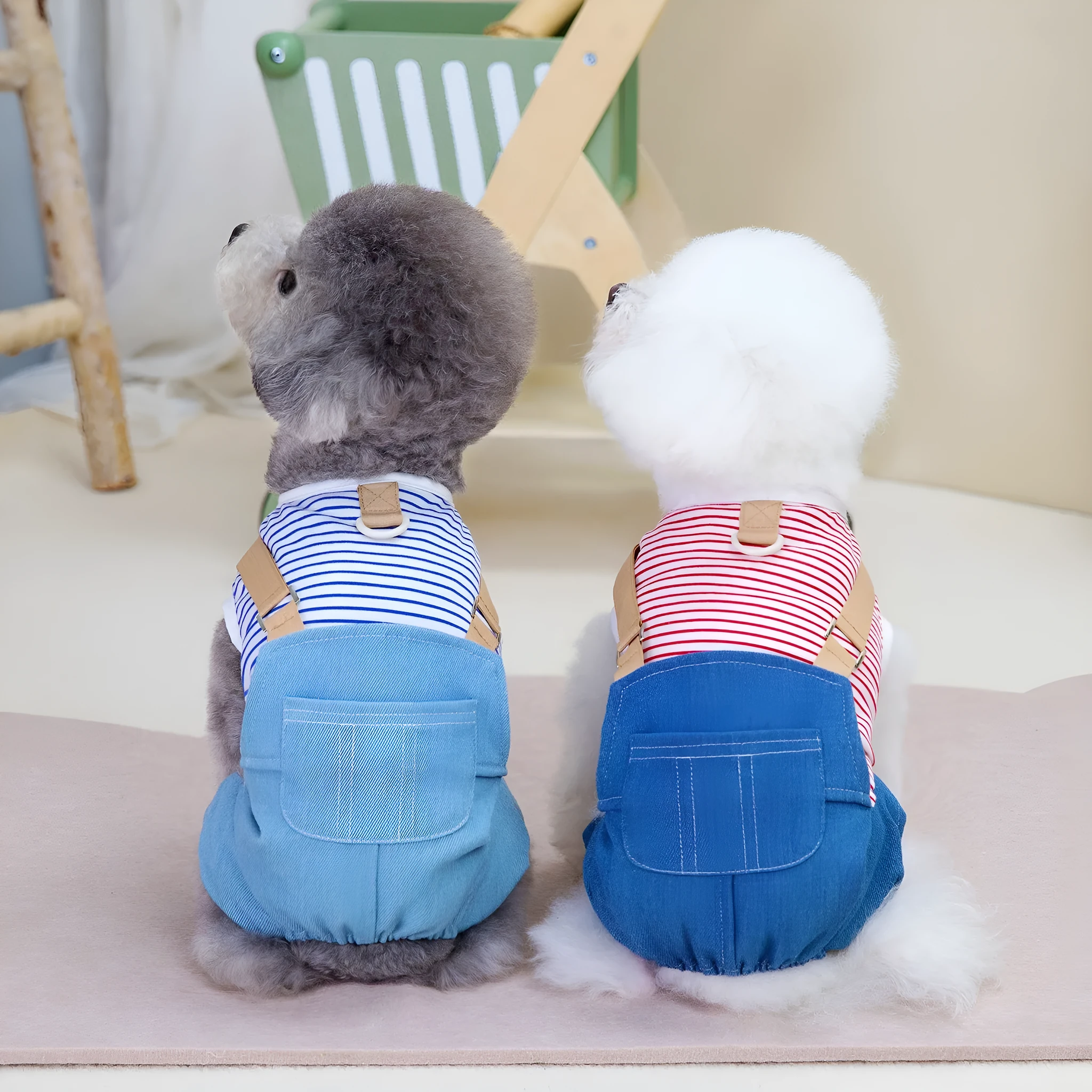Fashion pet dog denim four pants in blue stripes for male dogs, polyester material, size M