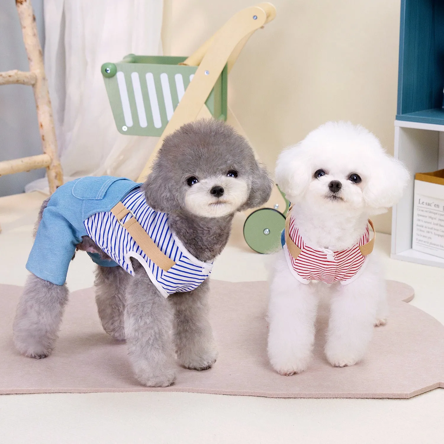 Fashion pet dog denim four pants in blue stripes for male dogs, polyester material, size M