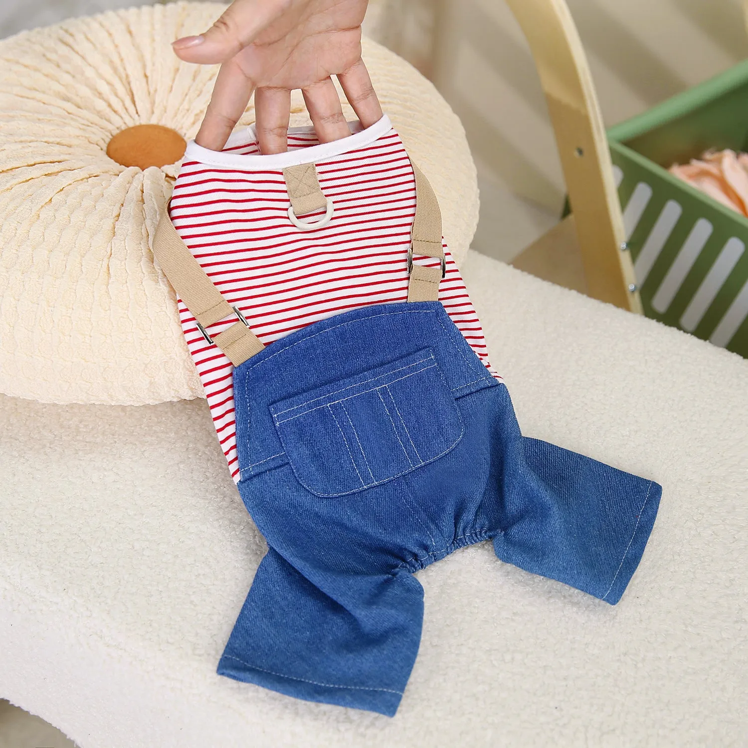 Fashion pet dog denim four pants in blue stripes for male dogs, polyester material, size M