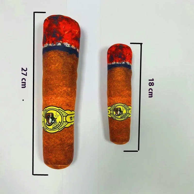 Simulation cigar plush sounding pet toy in brown colour with soft plush fabric and built-in noise feature
