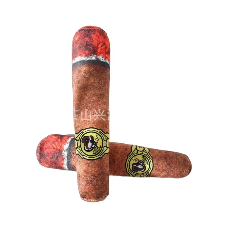 Simulation cigar plush sounding pet toy in brown colour with soft plush fabric and built-in noise feature