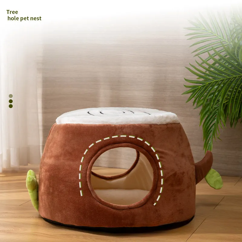 Transformable double-layer tree stump cat nest in natural brown with cream cushion and arched front doorway