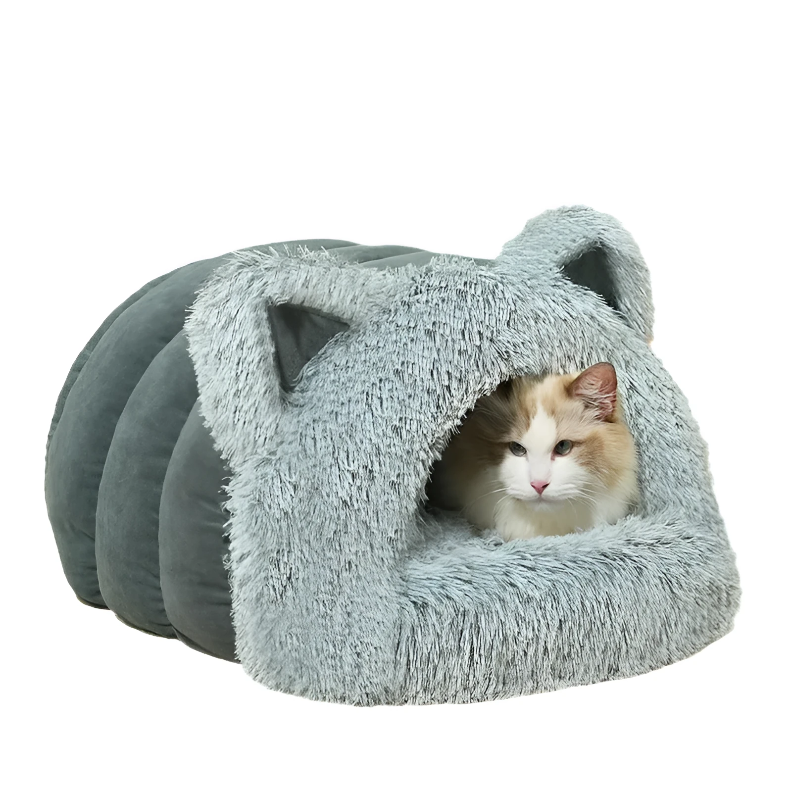 Plush cat dog bed with cat ears decoration and collar in blue gray available in sizes M and L