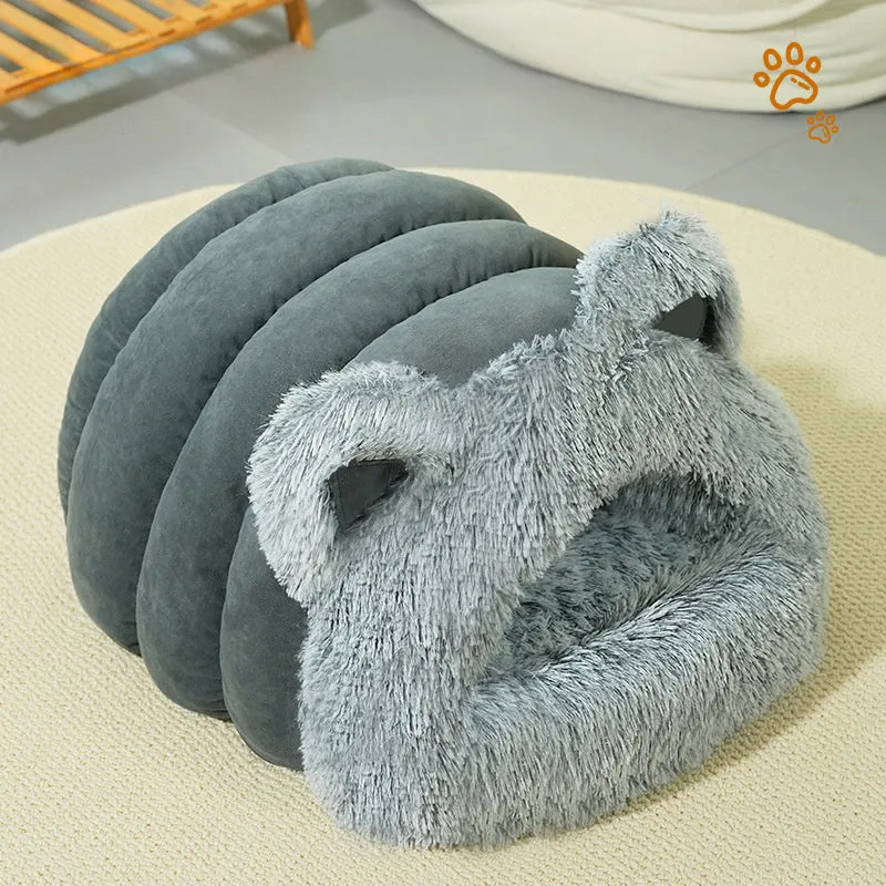 Plush cat dog bed with cat ears decoration and collar in blue gray available in sizes M and L