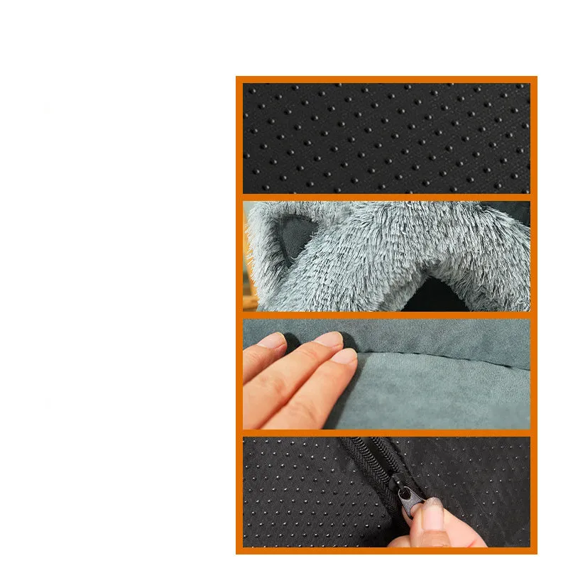 Plush cat dog bed with cat ears decoration and collar in blue gray available in sizes M and L