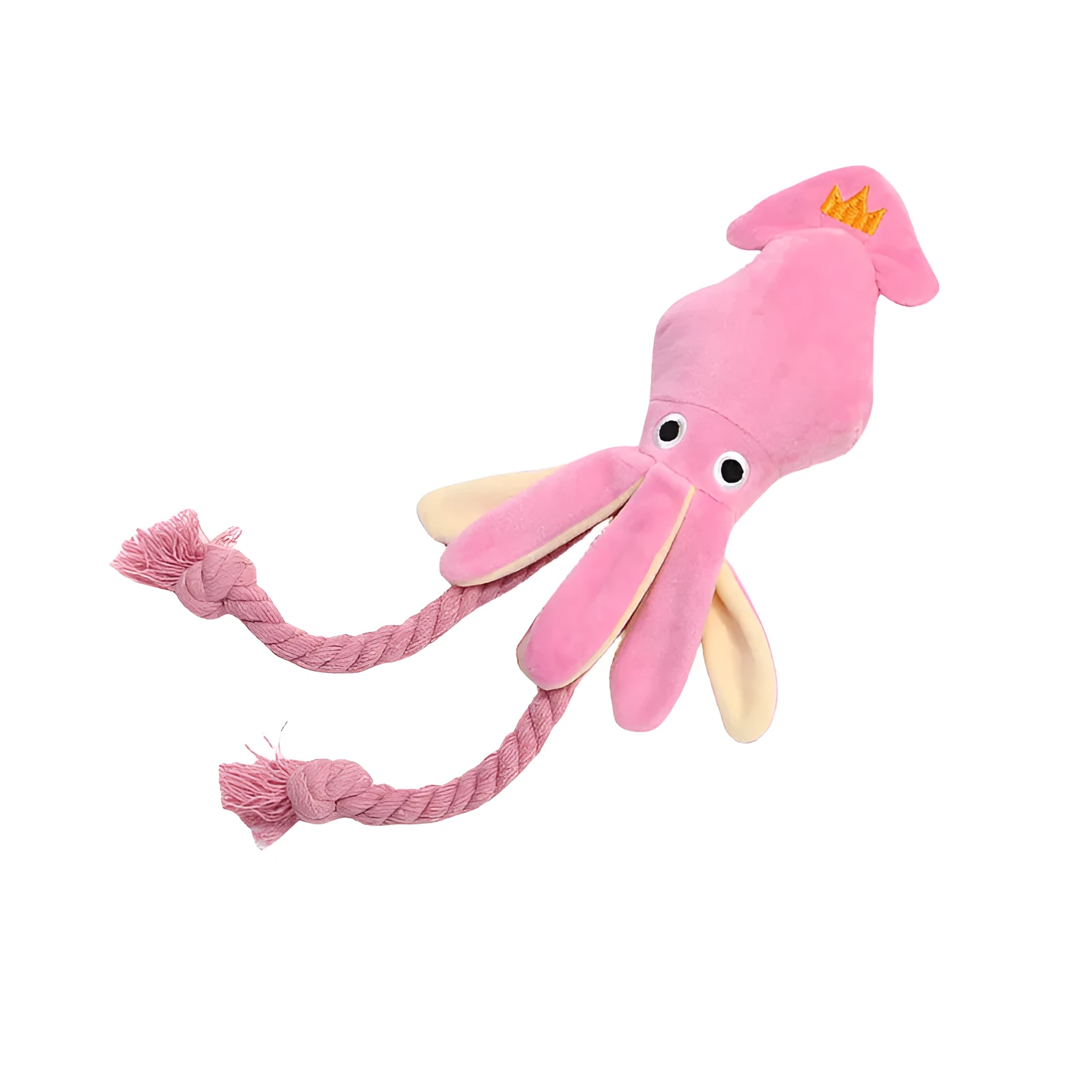 Cute pink plush octopus dog toy with BB squeaker and rope, 35cm long, lying on a light background.