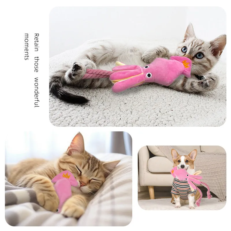 Cute pink plush octopus dog toy with BB squeaker and rope, 35cm long, lying on a light background.