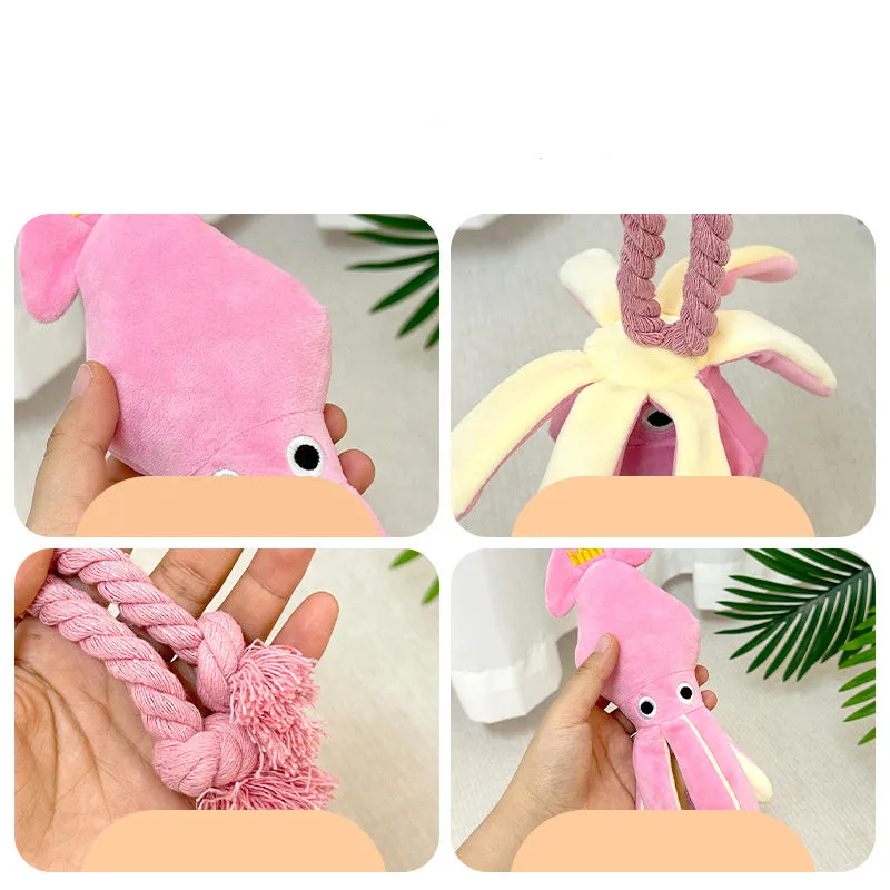 Cute pink plush octopus dog toy with BB squeaker and rope, 35cm long, lying on a light background.