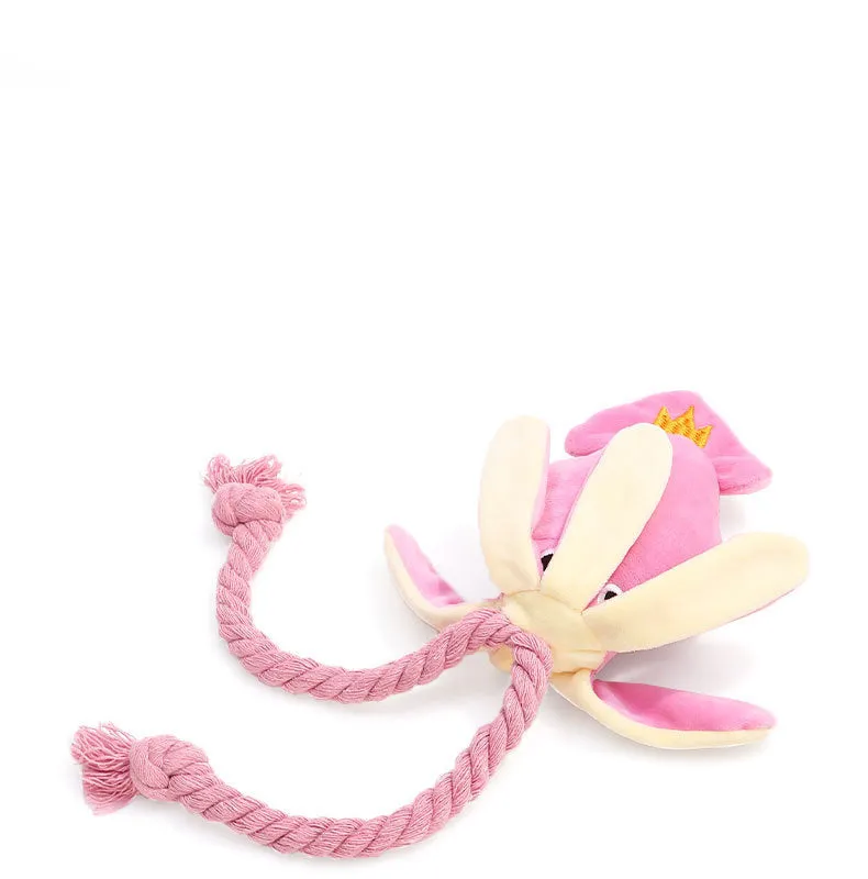 Cute pink plush octopus dog toy with BB squeaker and rope, 35cm long, lying on a light background.