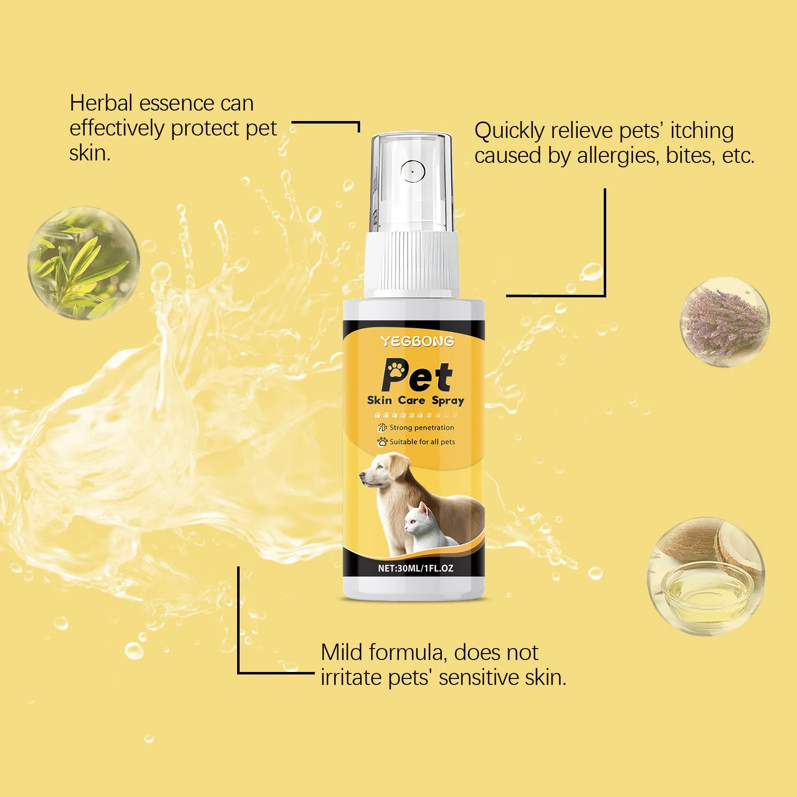 30ml dog skin care spray with silver ion and essential oils on white background