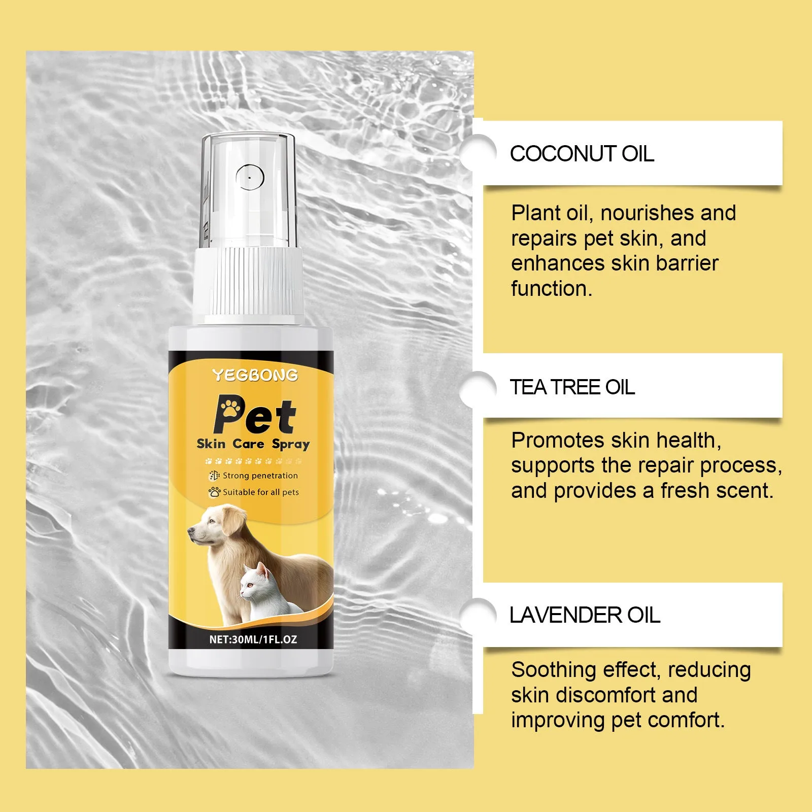 30ml dog skin care spray with silver ion and essential oils on white background