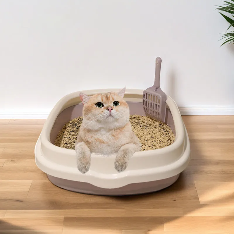 Plastic pet toilet bedpan tray with scoop in blue, anti-splash rim for cats and small dogs