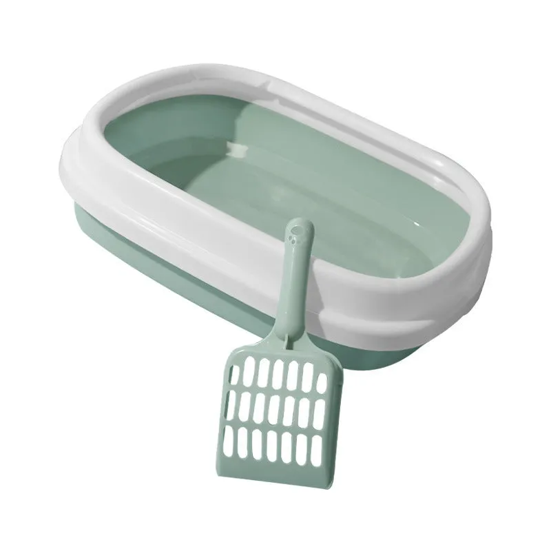 Plastic pet toilet bedpan tray with scoop in blue, anti-splash rim for cats and small dogs