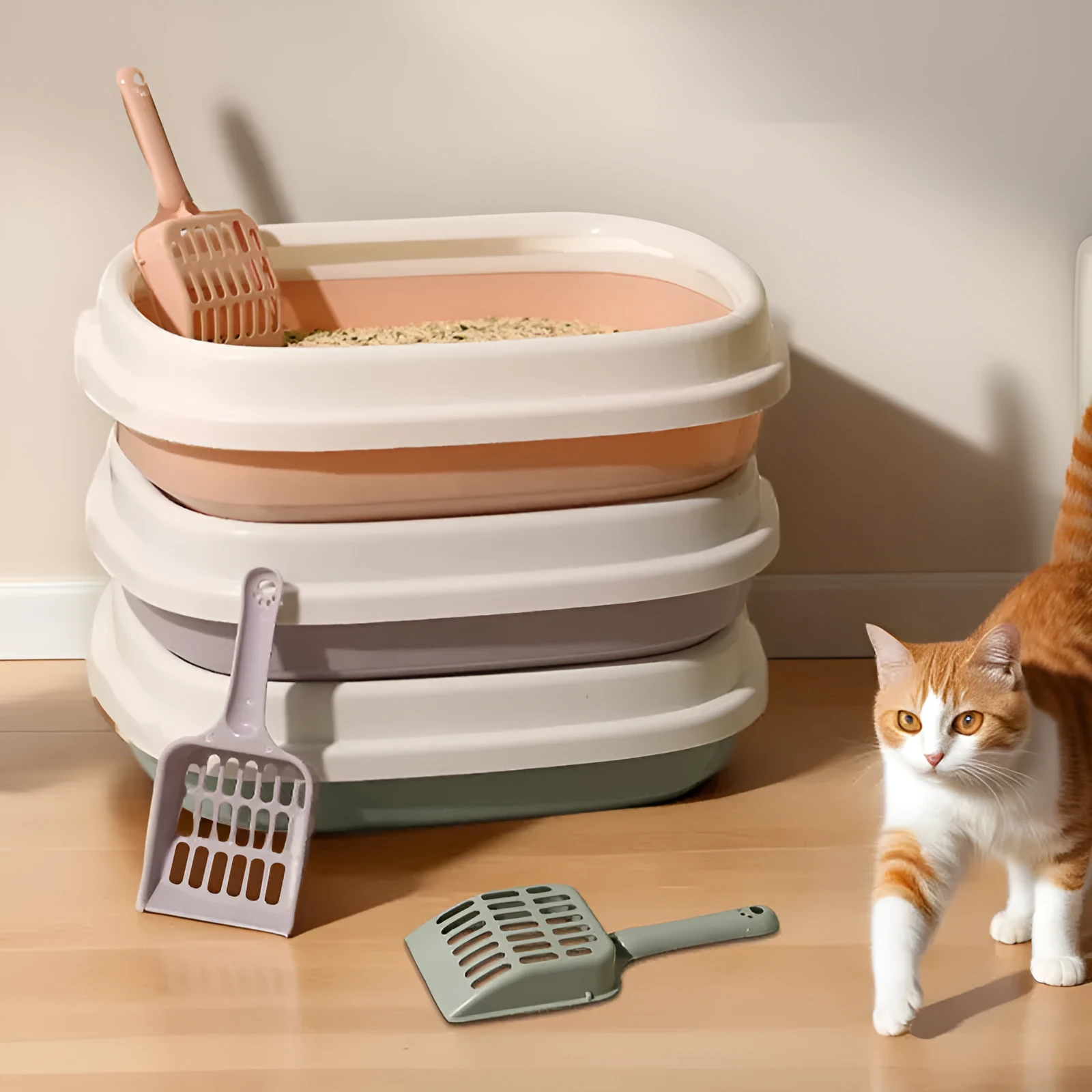 Plastic pet toilet bedpan tray with scoop in blue, anti-splash rim for cats and small dogs