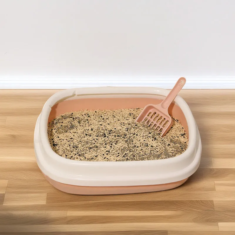 Plastic pet toilet bedpan tray with scoop in blue, anti-splash rim for cats and small dogs