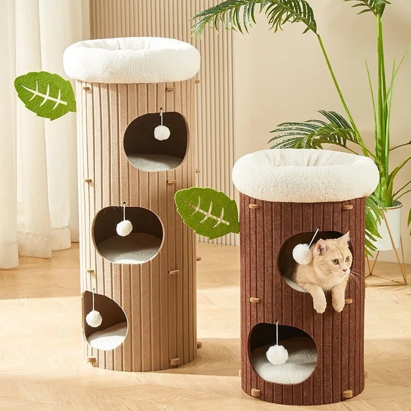 Felt cat scratch board nest in wine red with plush cat balls for indoor cats