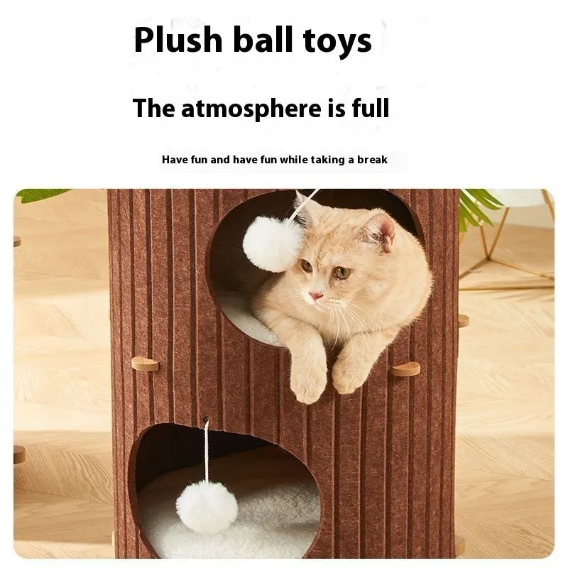 Felt cat scratch board nest in wine red with plush cat balls for indoor cats