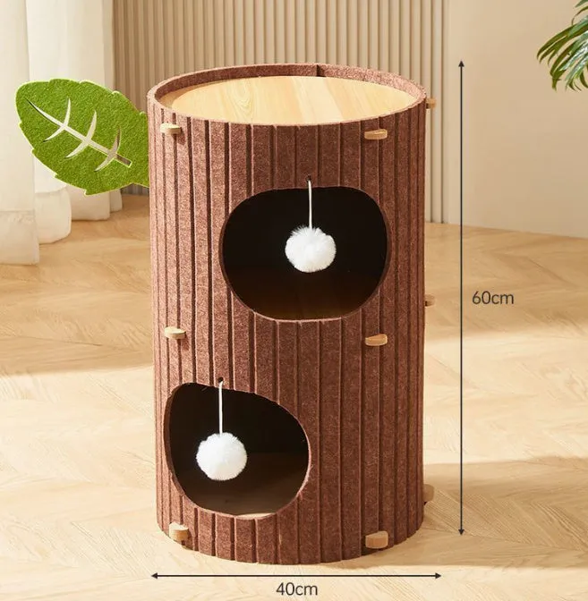 Felt cat scratch board nest in wine red with plush cat balls for indoor cats