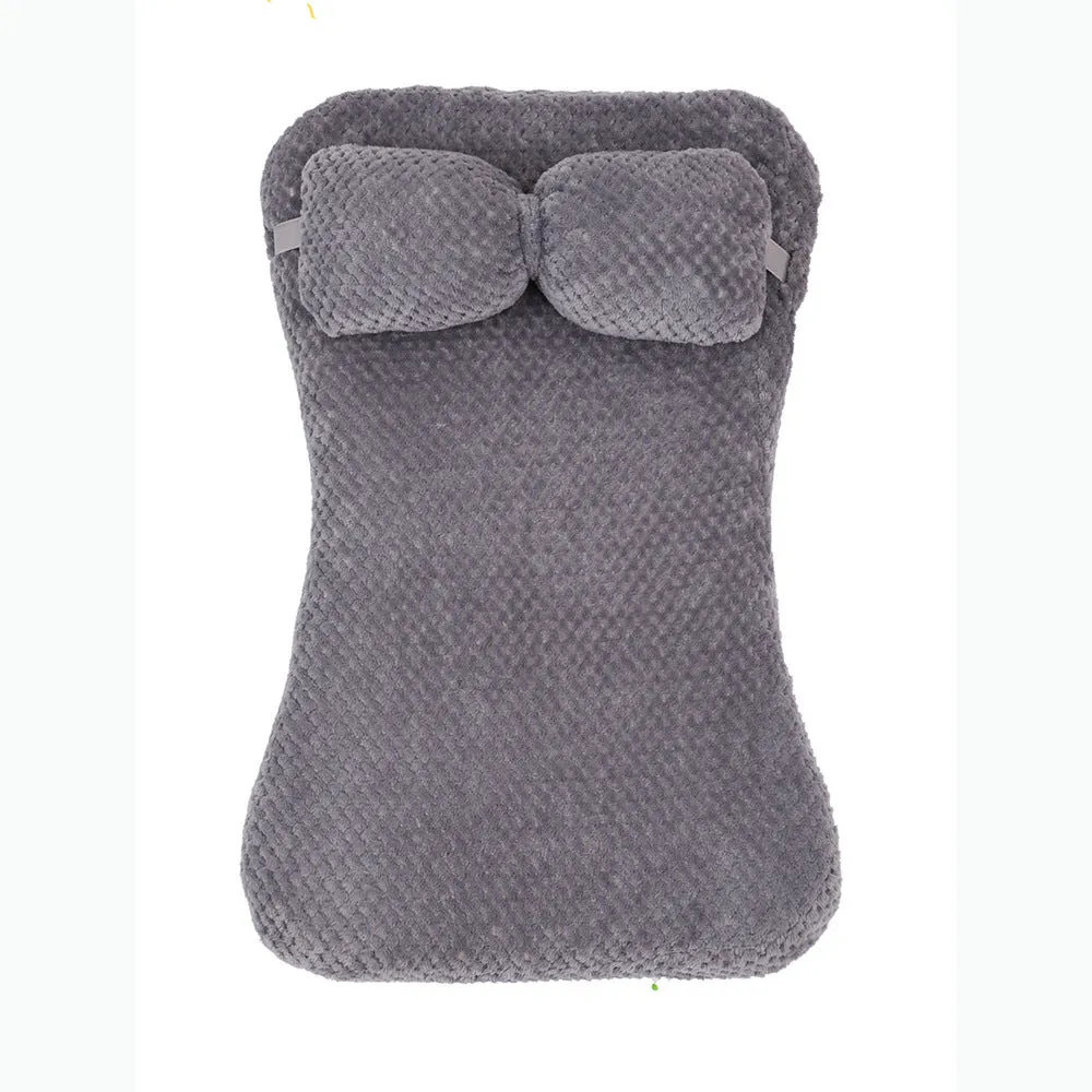 Soft plush pet bed mat with attached pillow in grey, available in sizes S to XL