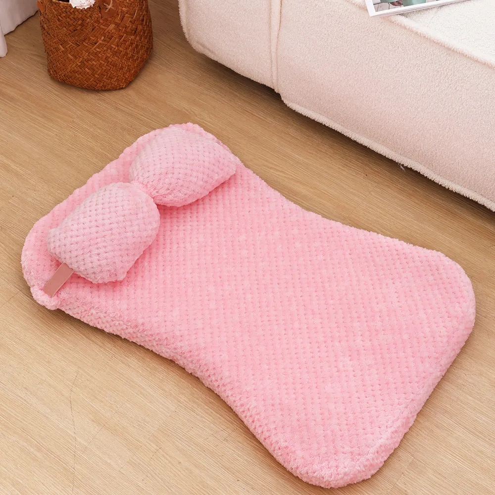 Soft plush pet bed mat with attached pillow in grey, available in sizes S to XL