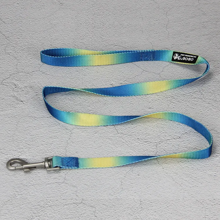 Nylon dog leash set showing gradient colour options including pink blue, yellow blue, pink yellow, and purple green combinations