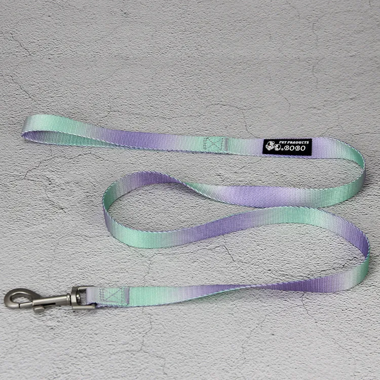 Nylon dog leash set showing gradient colour options including pink blue, yellow blue, pink yellow, and purple green combinations