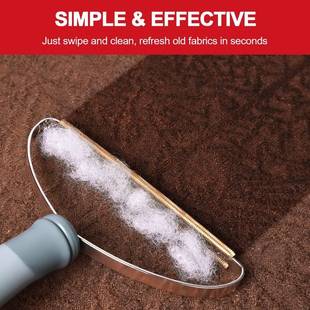 Grey pet hair remover with copper head, stainless steel frame, and ergonomic ABS handle for cleaning carpets and upholstery.