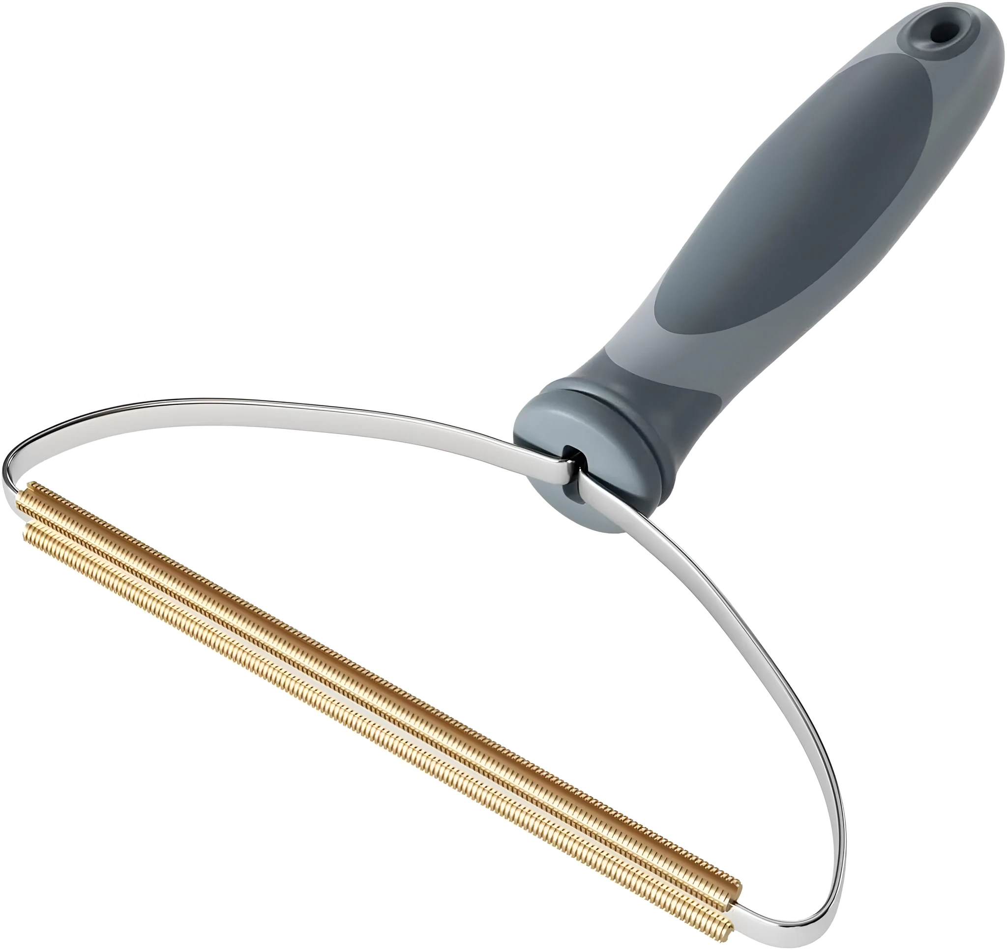 Grey pet hair remover with copper head, stainless steel frame, and ergonomic ABS handle for cleaning carpets and upholstery.