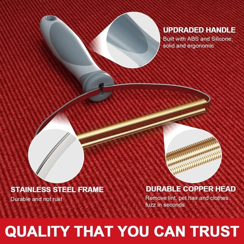 Grey pet hair remover with copper head, stainless steel frame, and ergonomic ABS handle for cleaning carpets and upholstery.