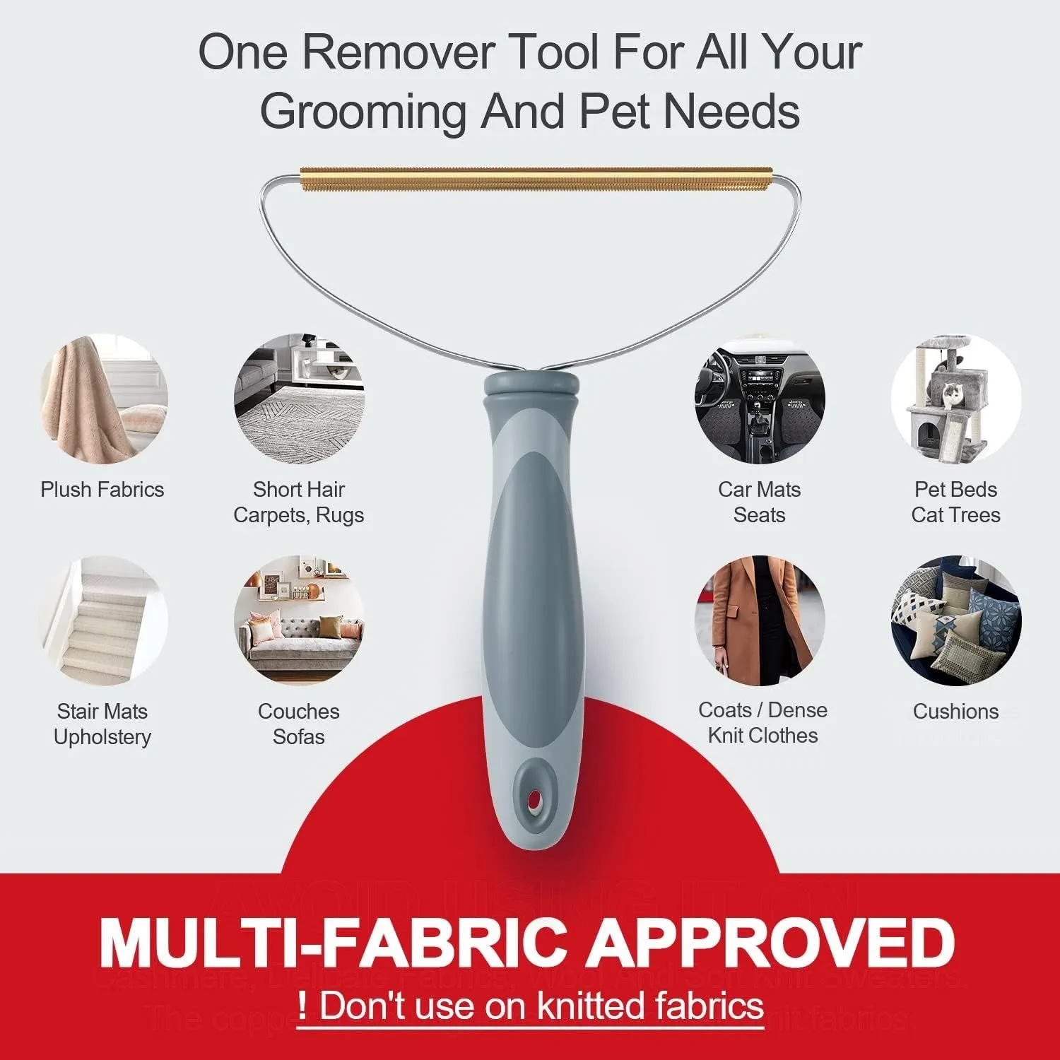 Grey pet hair remover with copper head, stainless steel frame, and ergonomic ABS handle for cleaning carpets and upholstery.
