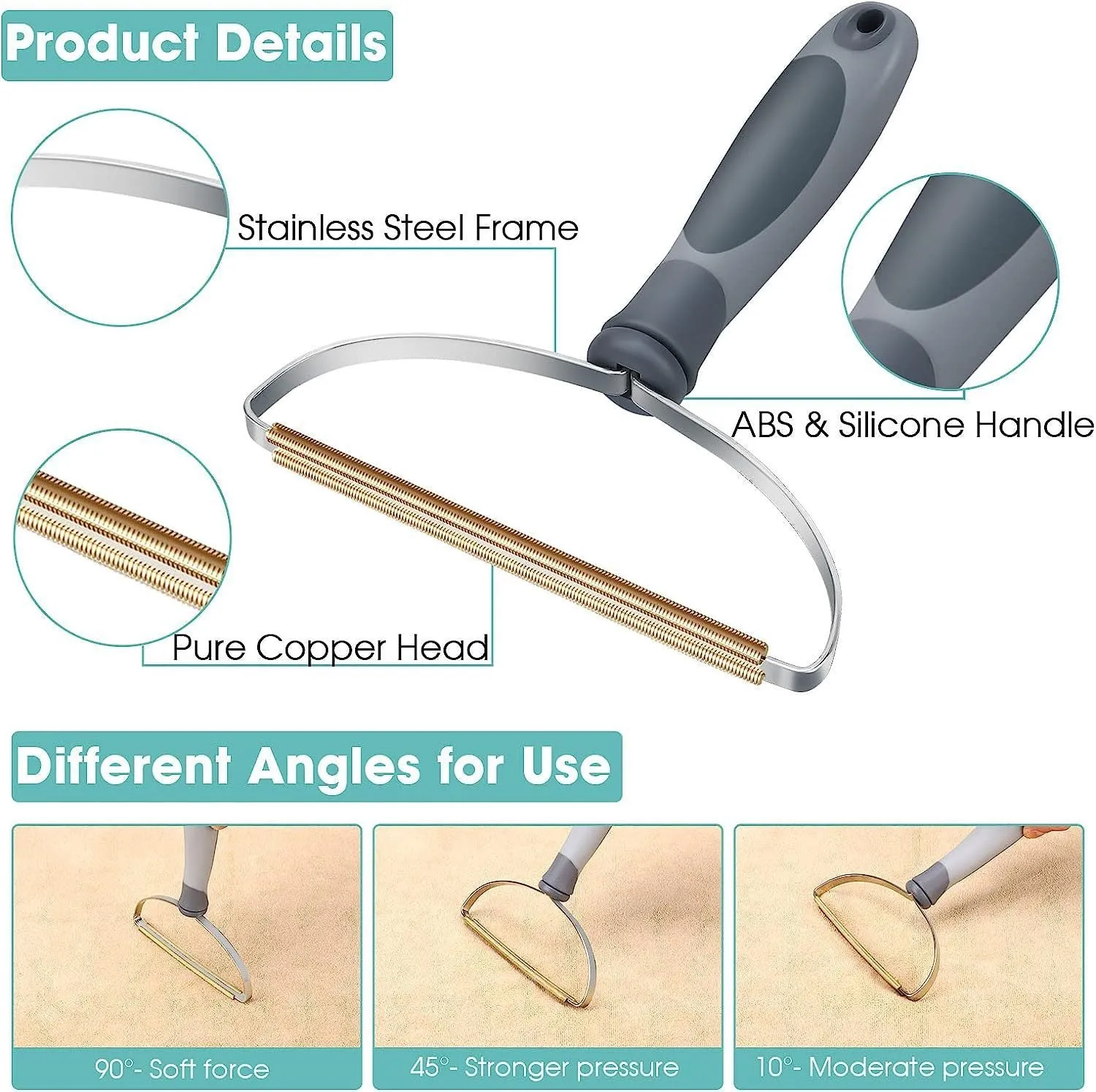Grey pet hair remover with copper head, stainless steel frame, and ergonomic ABS handle for cleaning carpets and upholstery.