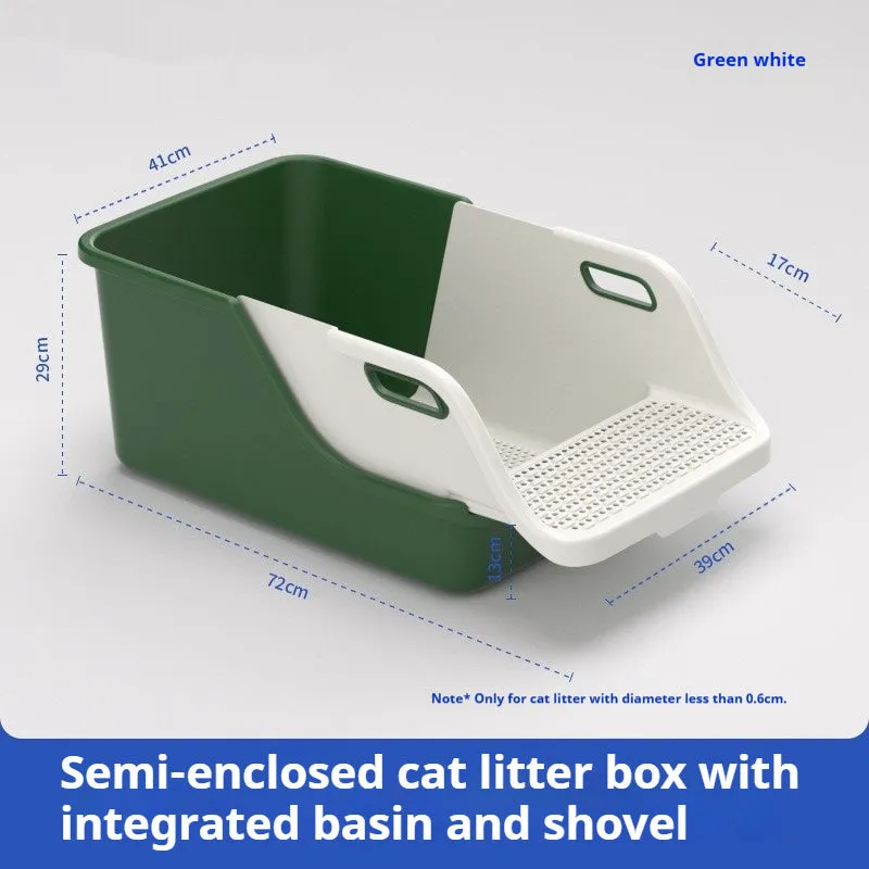 Semi enclosed PP plastic cat litter box with integrated shovel in gray white colour