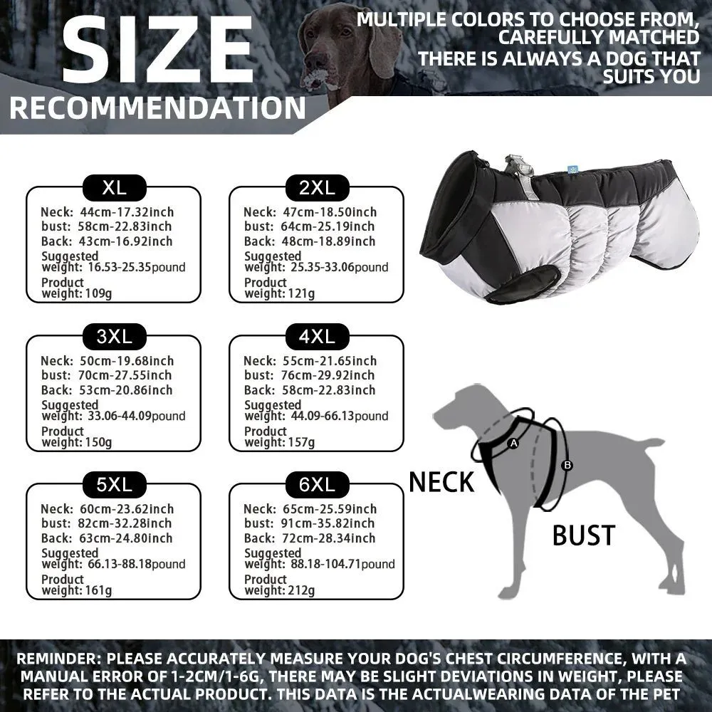 Waterproof dog jacket with built-in harness for large breed winter walks, available in multiple sizes and colours