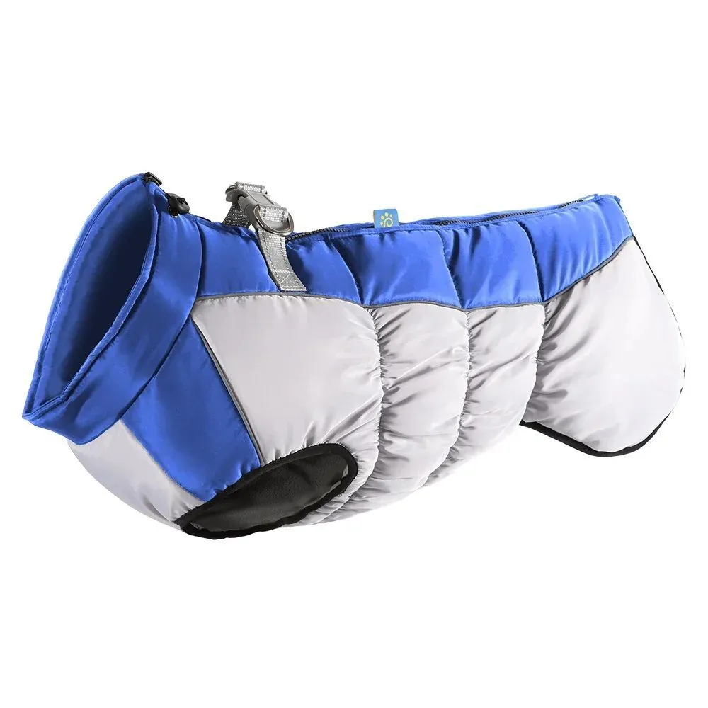 Waterproof dog jacket with built-in harness for large breed winter walks, available in multiple sizes and colours