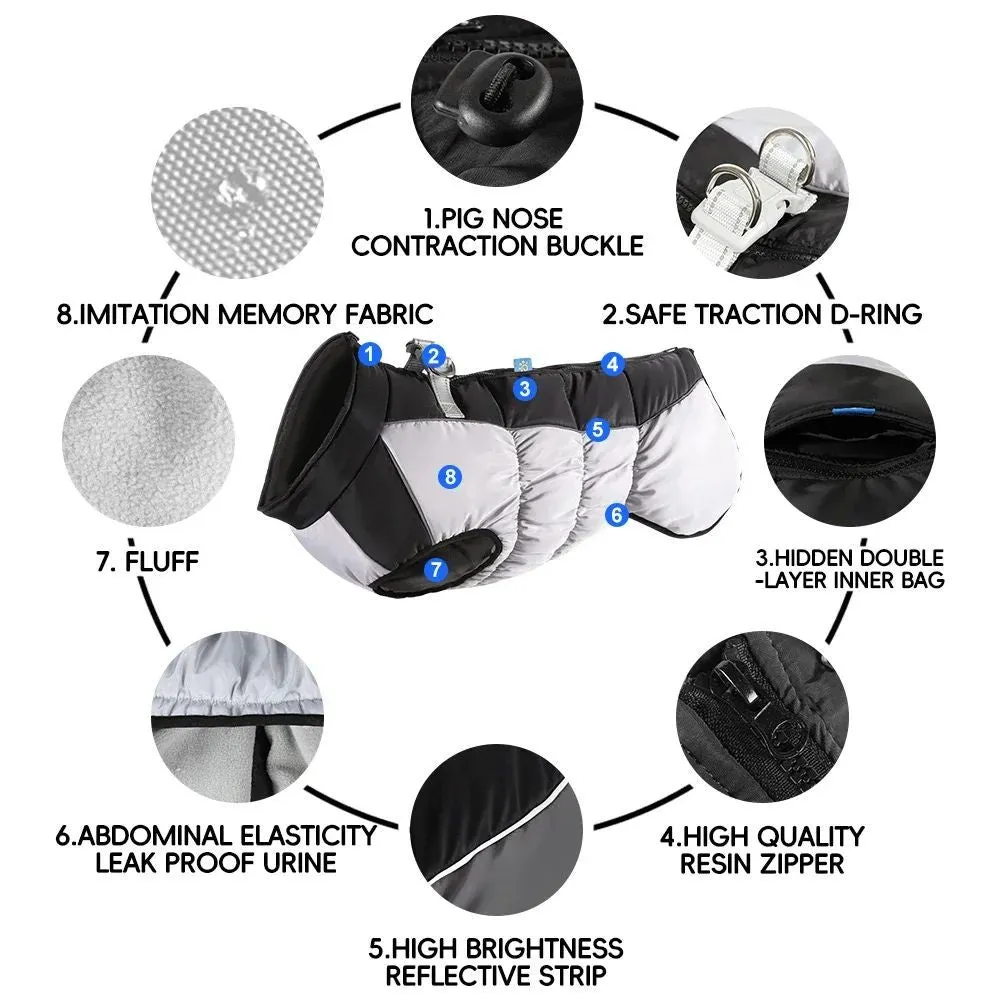 Waterproof dog jacket with built-in harness for large breed winter walks, available in multiple sizes and colours