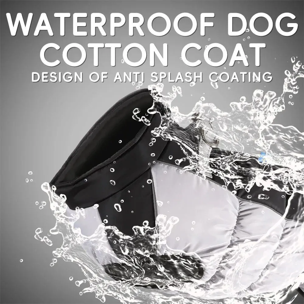 Waterproof dog jacket with built-in harness for large breed winter walks, available in multiple sizes and colours