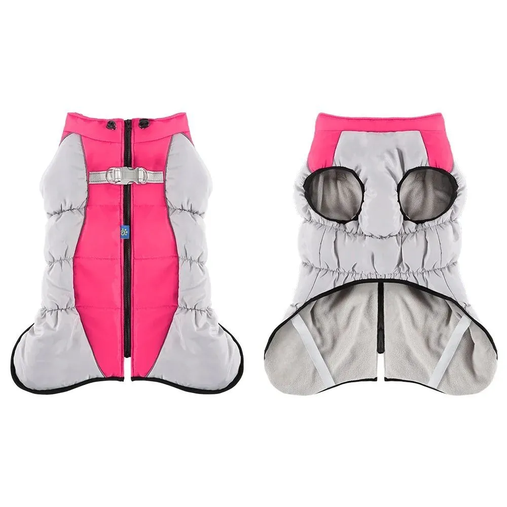 Waterproof dog jacket with built-in harness for large breed winter walks, available in multiple sizes and colours