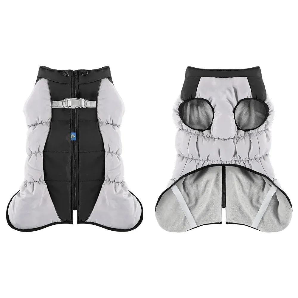 Waterproof dog jacket with built-in harness for large breed winter walks, available in multiple sizes and colours