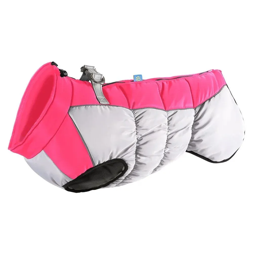 Waterproof dog jacket with built-in harness for large breed winter walks, available in multiple sizes and colours