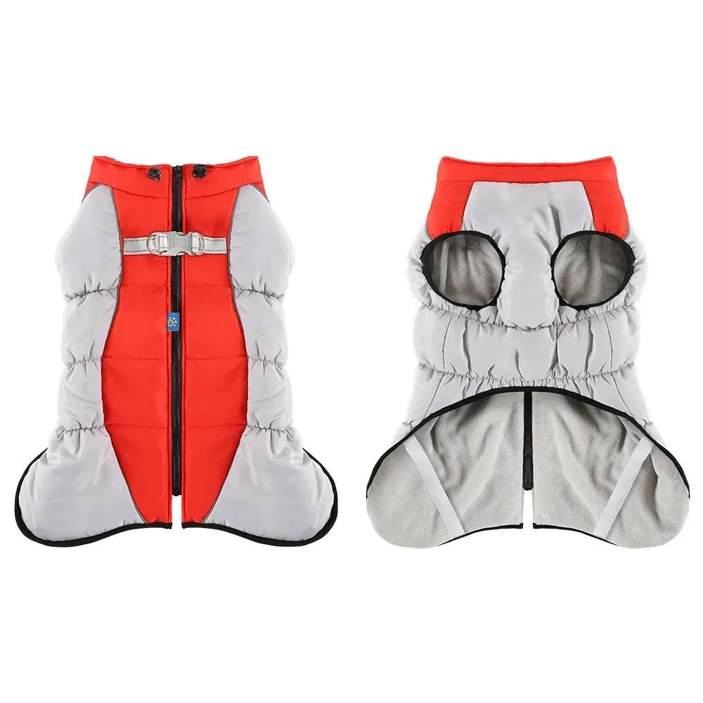 Waterproof dog jacket with built-in harness for large breed winter walks, available in multiple sizes and colours