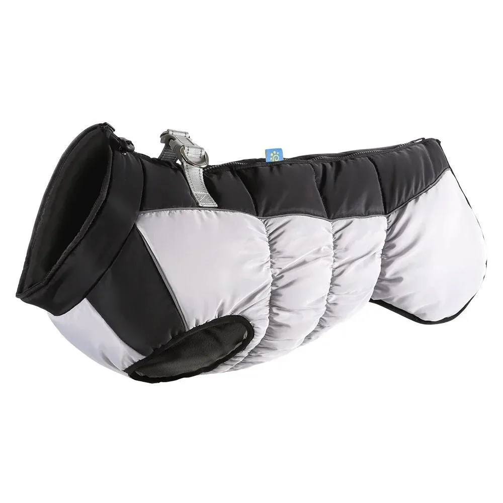Waterproof dog jacket with built-in harness for large breed winter walks, available in multiple sizes and colours