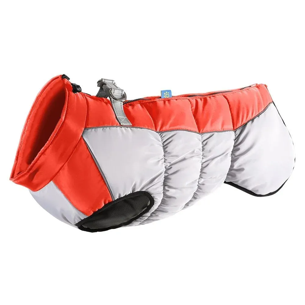 Waterproof dog jacket with built-in harness for large breed winter walks, available in multiple sizes and colours