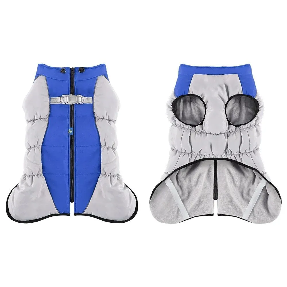 Waterproof dog jacket with built-in harness for large breed winter walks, available in multiple sizes and colours