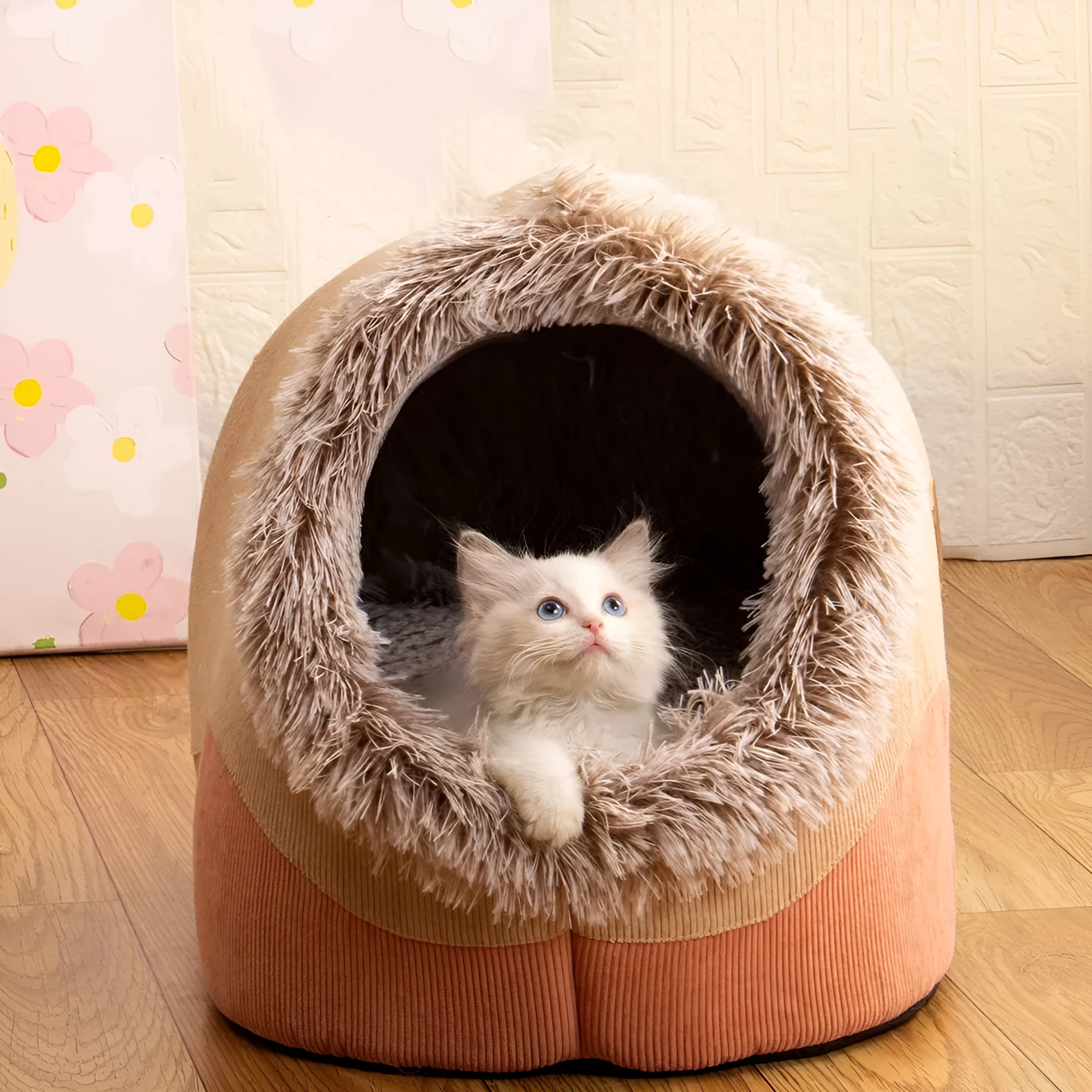 Soft warm washable dog bed mat in gray colour, L size, placed on a kennel floor