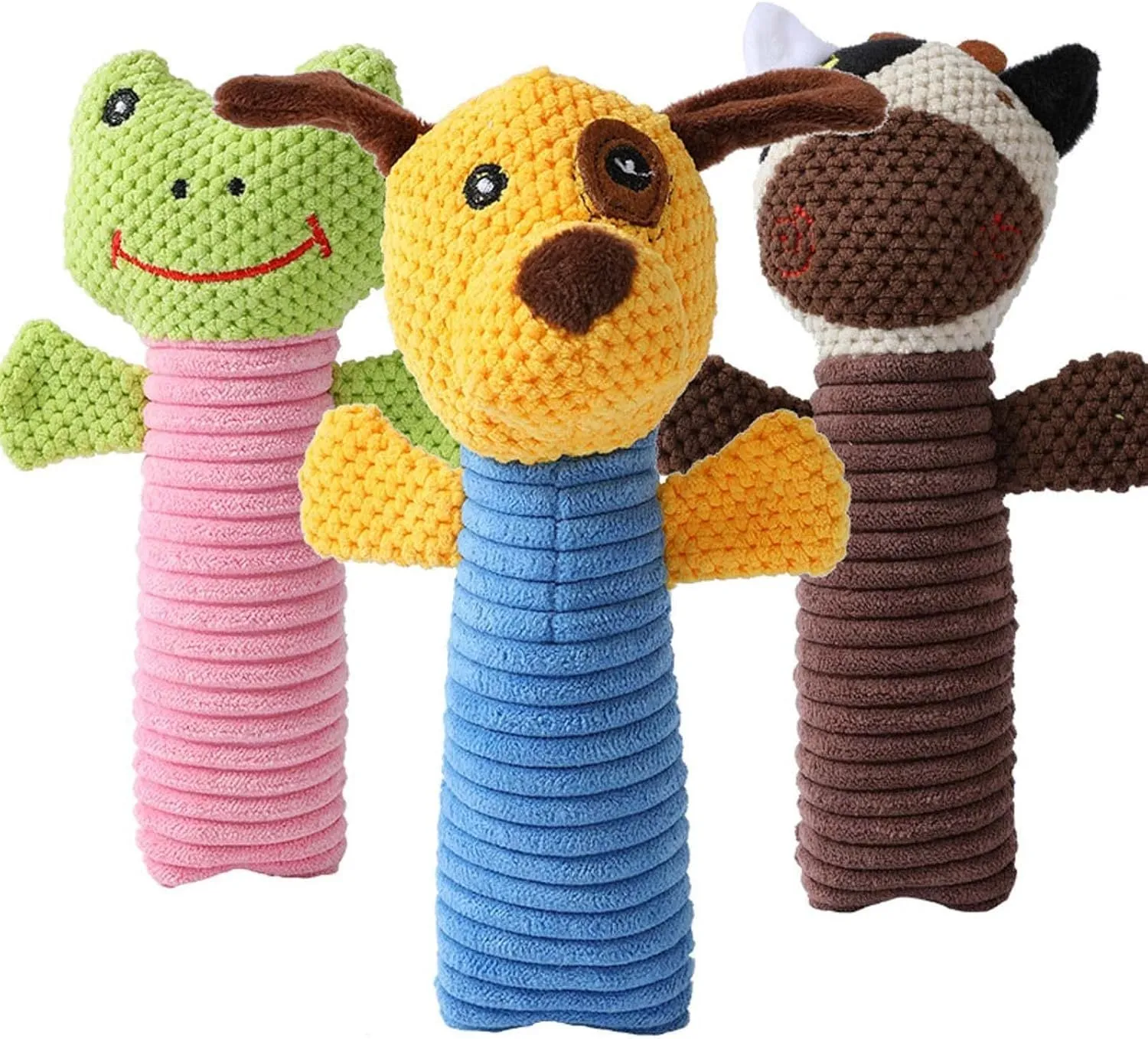 Soft plush squeaky dog chew toy in animal shape with dental cleaning function