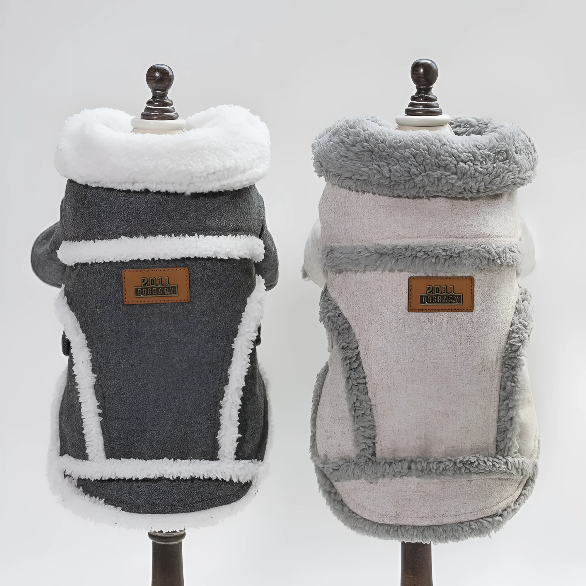 Cotton winter dog jacket in dark gray, Nordic style, size L, on a pet store display