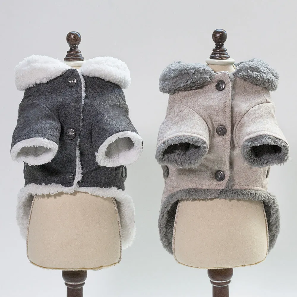 Cotton winter dog jacket in dark gray, Nordic style, size L, on a pet store display